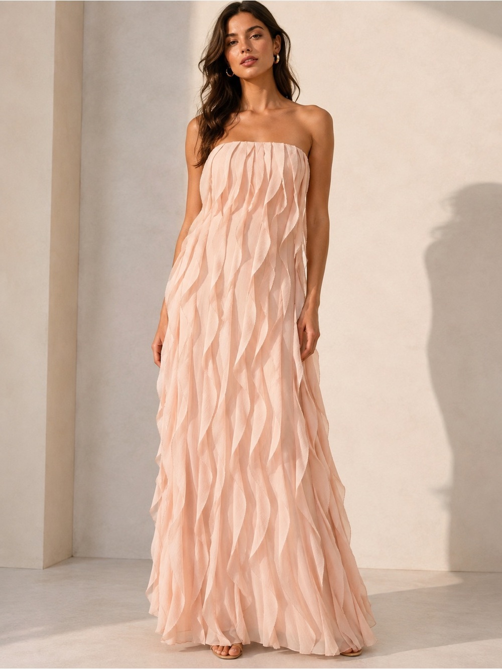 White by Vera Wang Strapless light pink Ruffle Maxi Gown